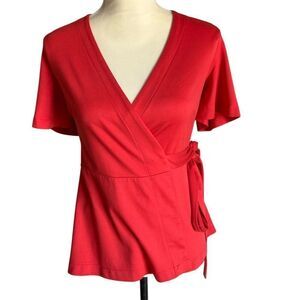 Ann Taylor Petite Red Flutter Sleeve Wrap Top SP Women's Blouse
